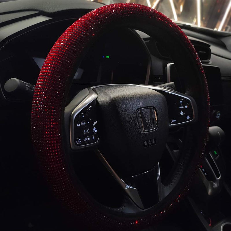 CARWALES Car Bling Steering Wheel Cover for Women Girls Burgundy 15 Inch Universal Red Crystal Rhinestone Diamonds Bling Bling Accessories Anti-Slip Wheel Protector - Image 4
